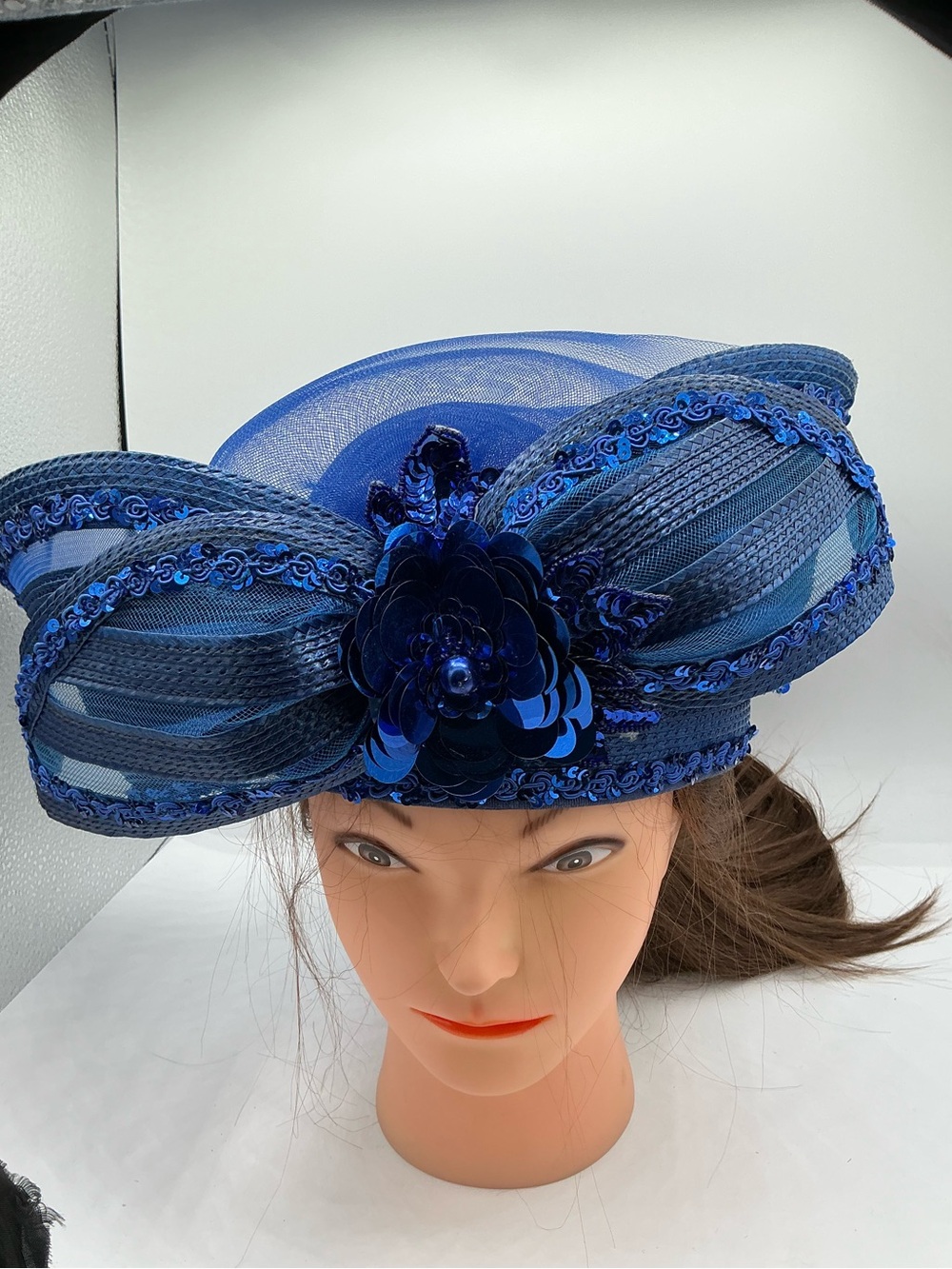 Deborah New York royal blue, wide-brimmed beaded vintage party hat
